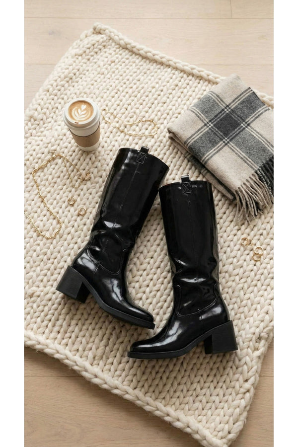 Verira Patent Knee High Block Heel Boots - Black