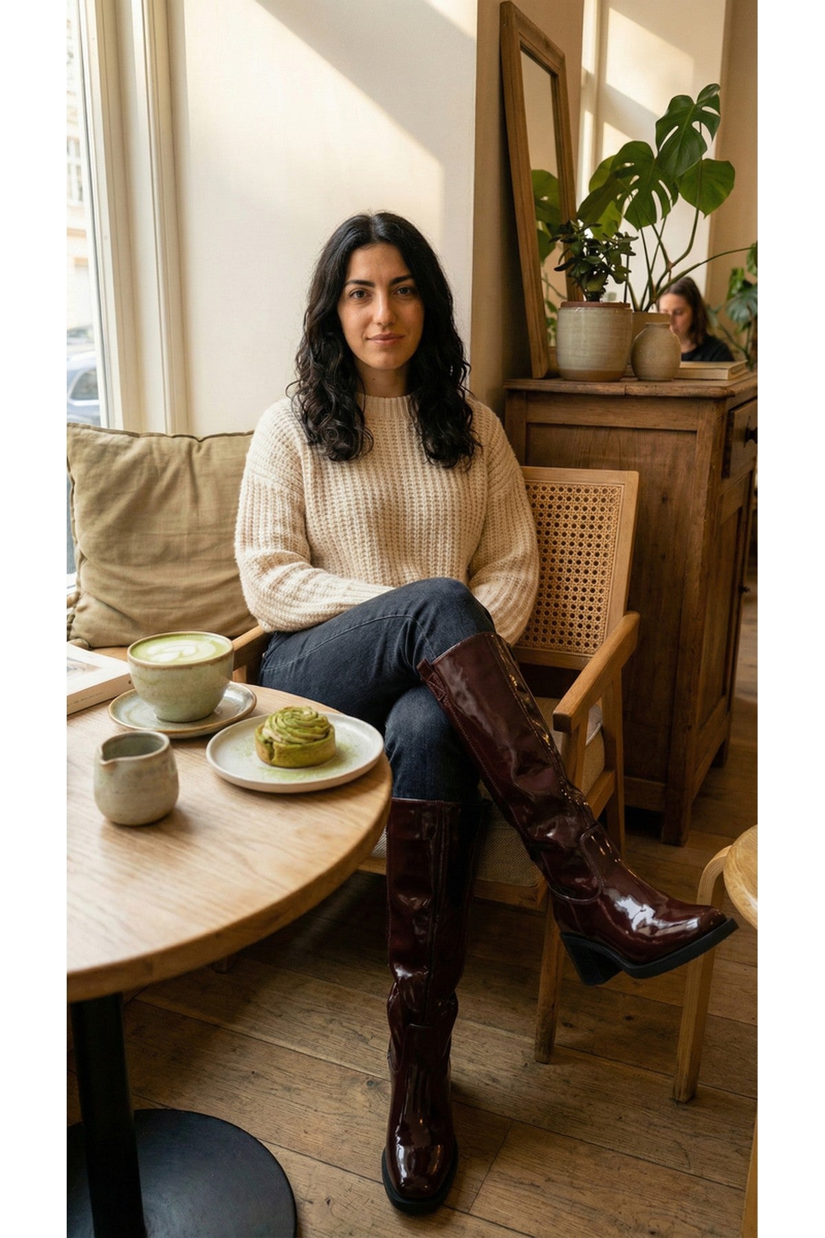 Verira Patent Knee High Block Heel Boots - Wine