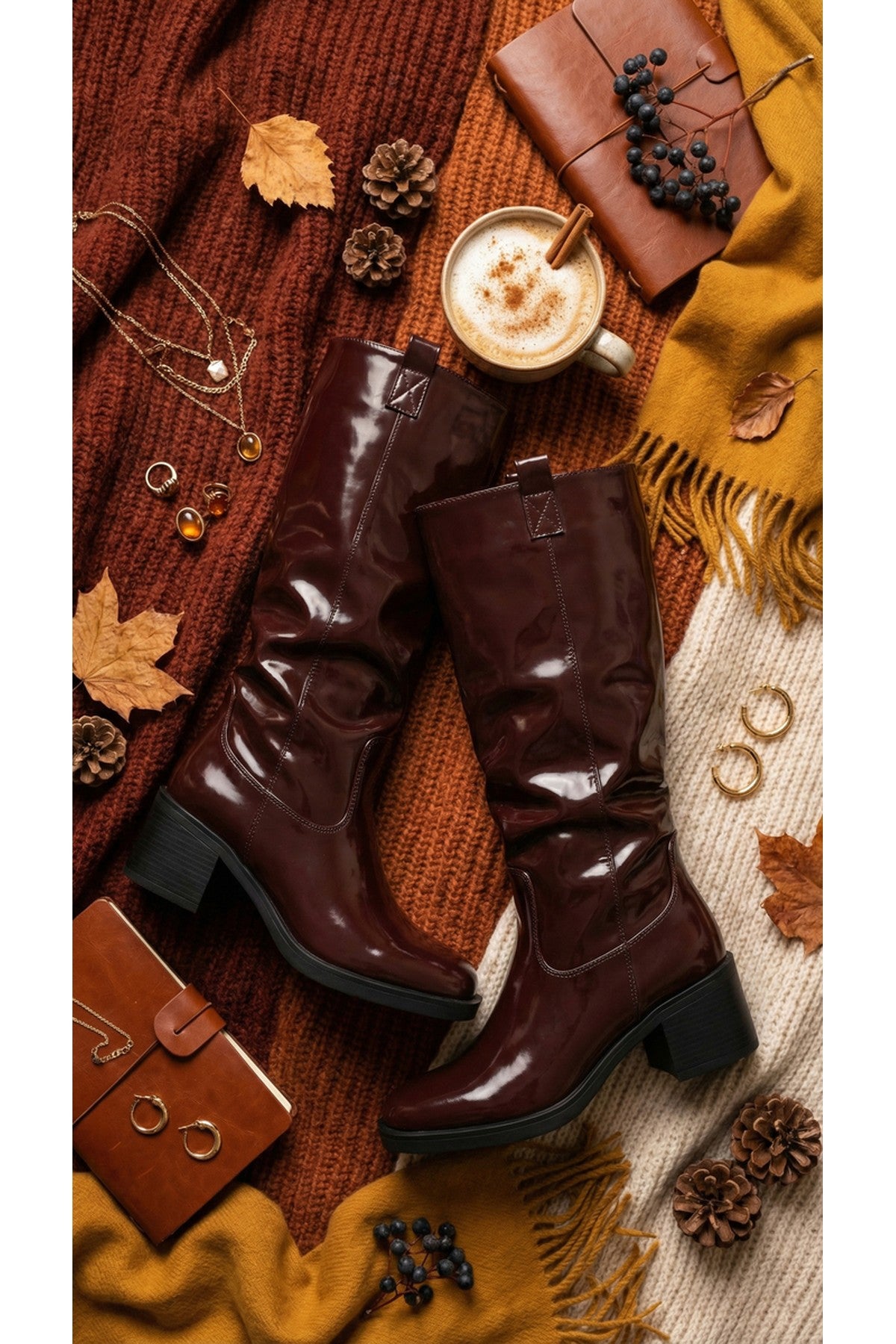 Verira Patent Knee High Block Heel Boots - Wine