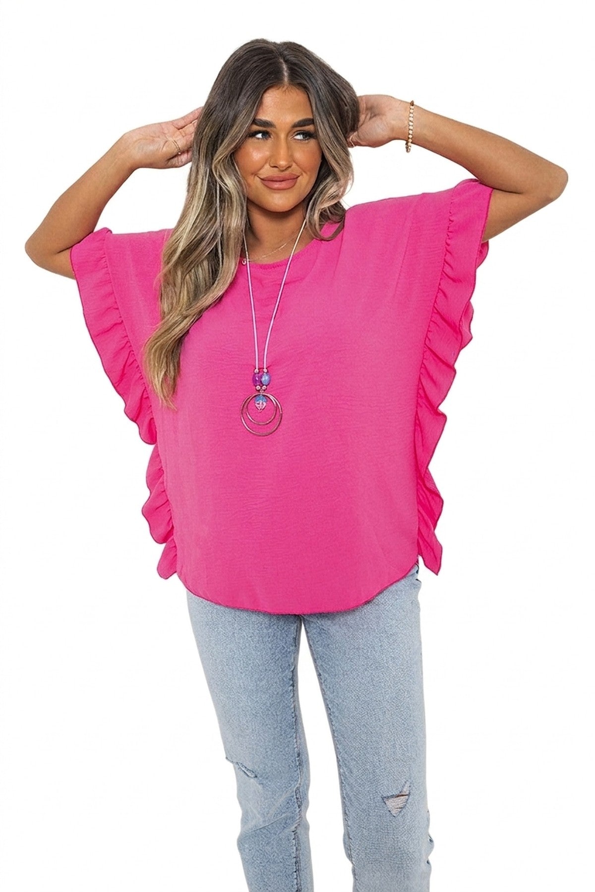 Vienna Frill Sleeve Top With Chain - Fuschia_wb