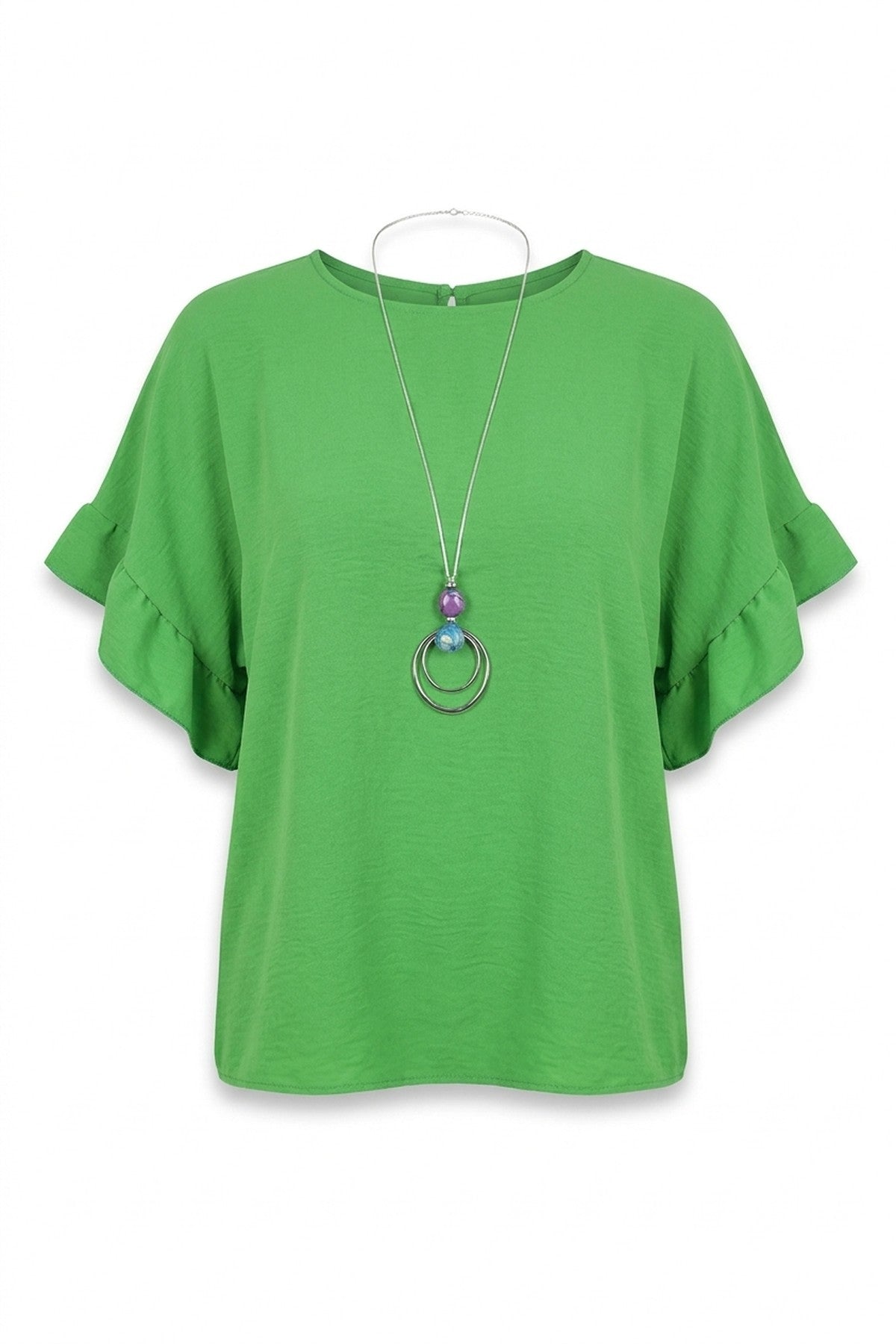 Vienna Frill Sleeve Top With Chain - Green_wb