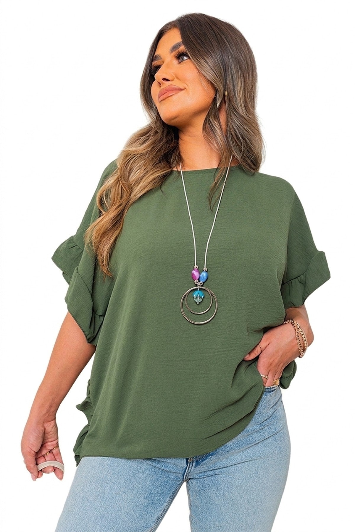 Vienna Frill Sleeve Top With Chain - Khaki_wb