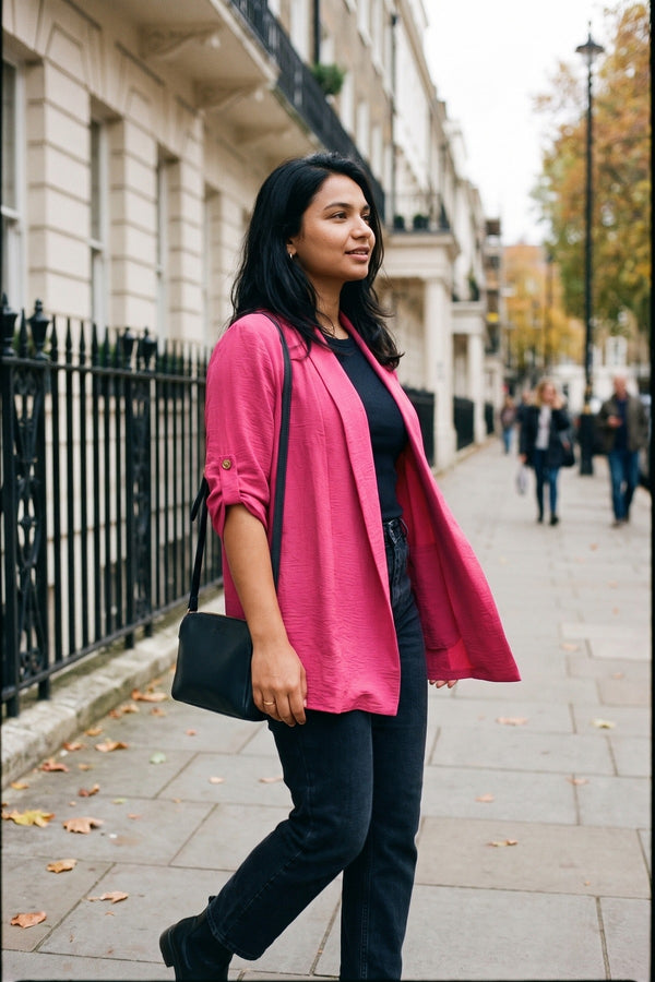 Vivian Open Front Roll Up Sleeve Cardigan - Fuschia