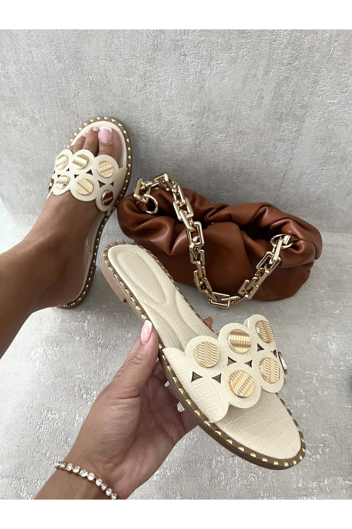 Vivian Studded Strap Flat Sandals - Beige