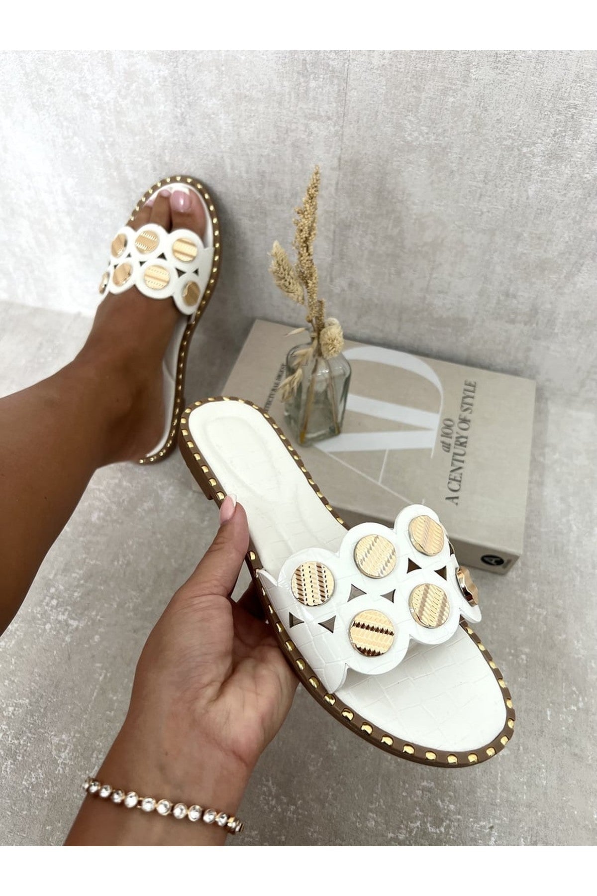 Vivian Studded Strap Flat Sandals - White