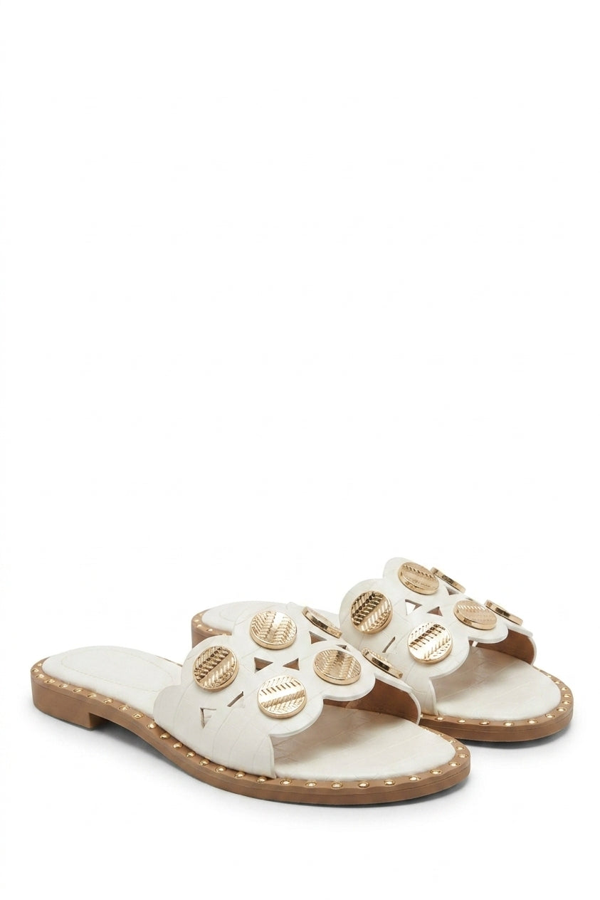 Vivian Studded Strap Flat Sandals - White_wb