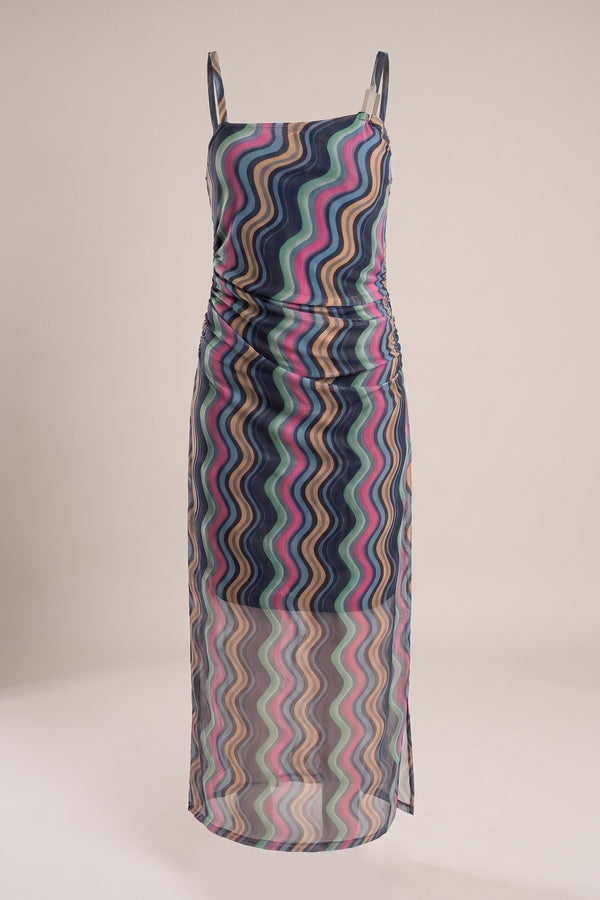 Jalia Wavy Print Ruched Mesh Strap Maxi Dress - Multi