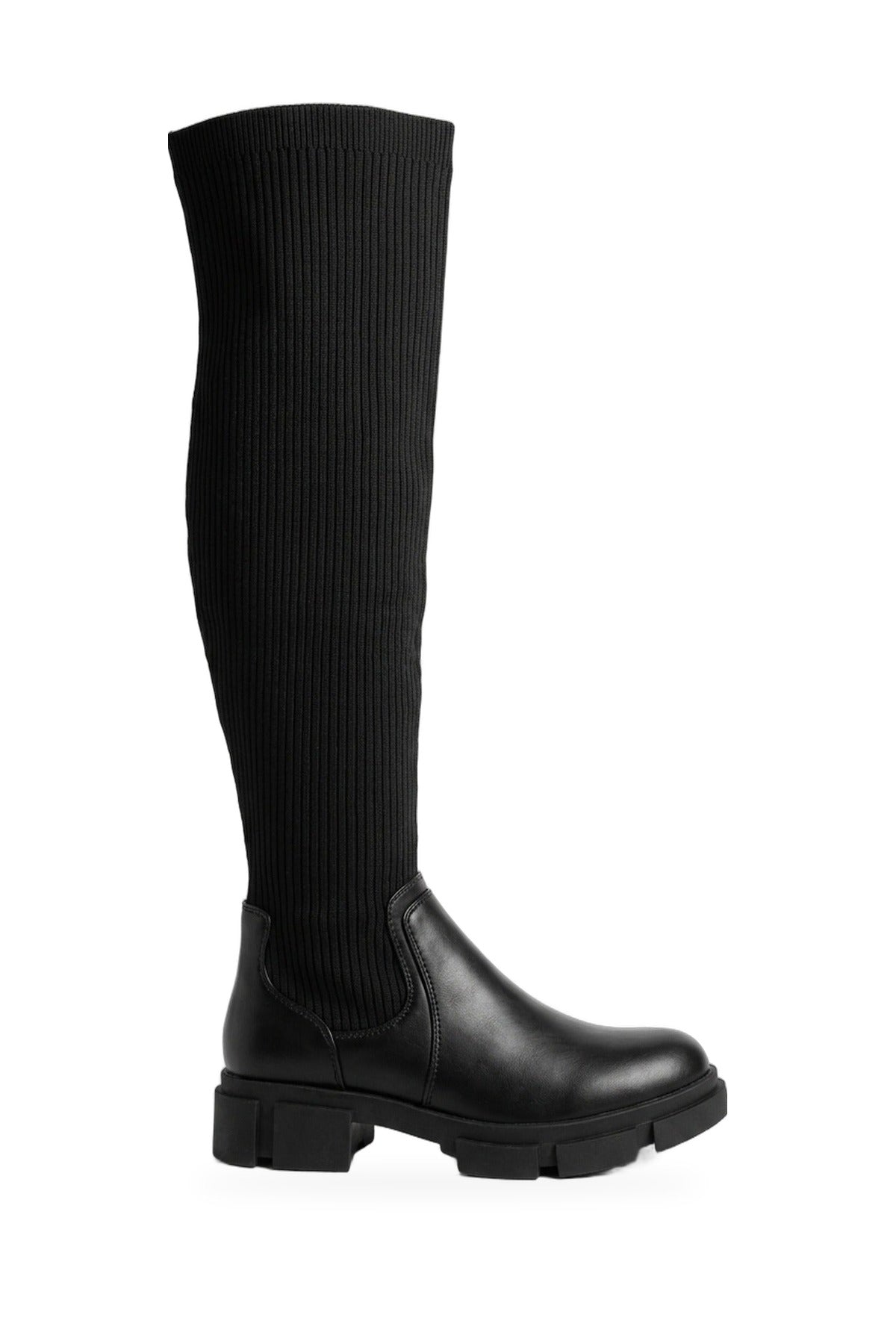 Wendy Knit Over The Knee Chunky Sole Boots - Black