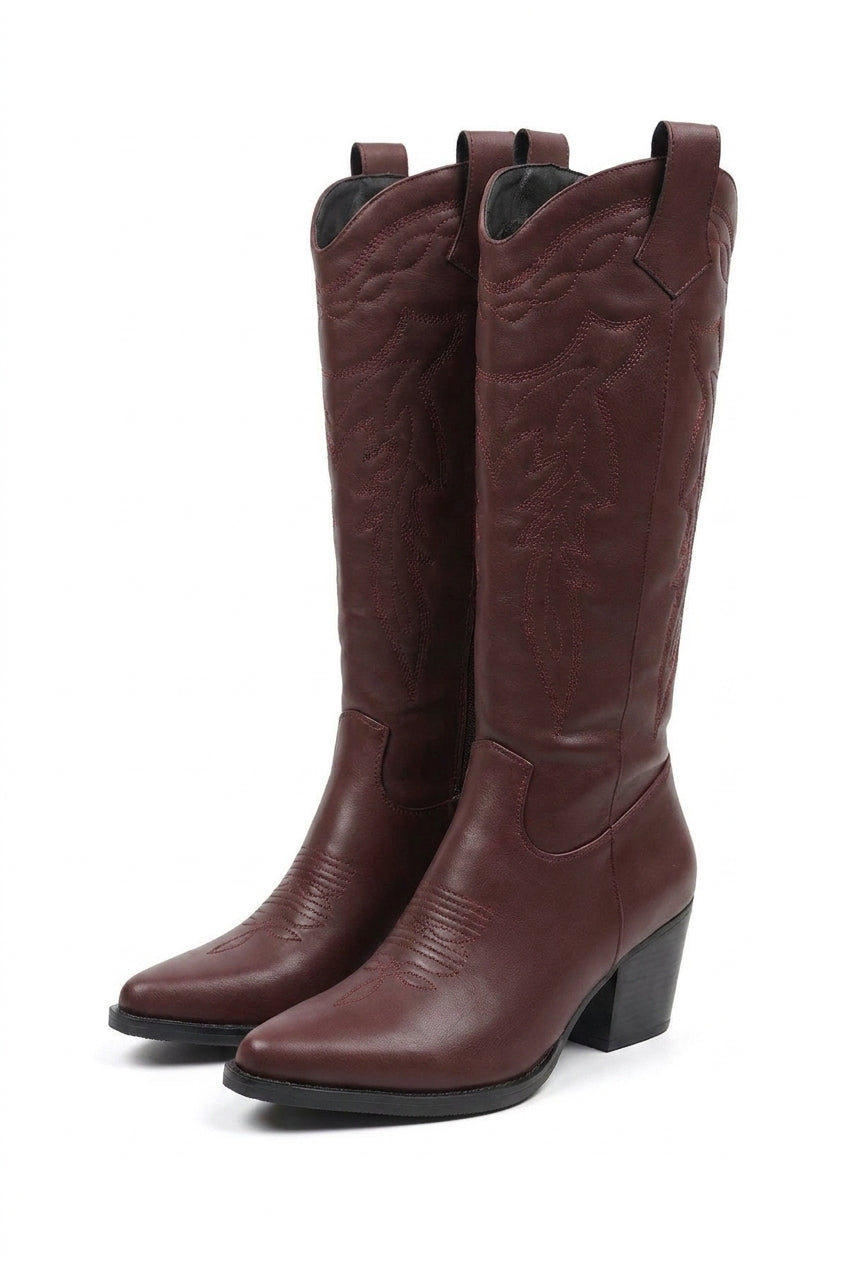 Emira Western Stitch Knee High Block Heel Boots - Wine_wb