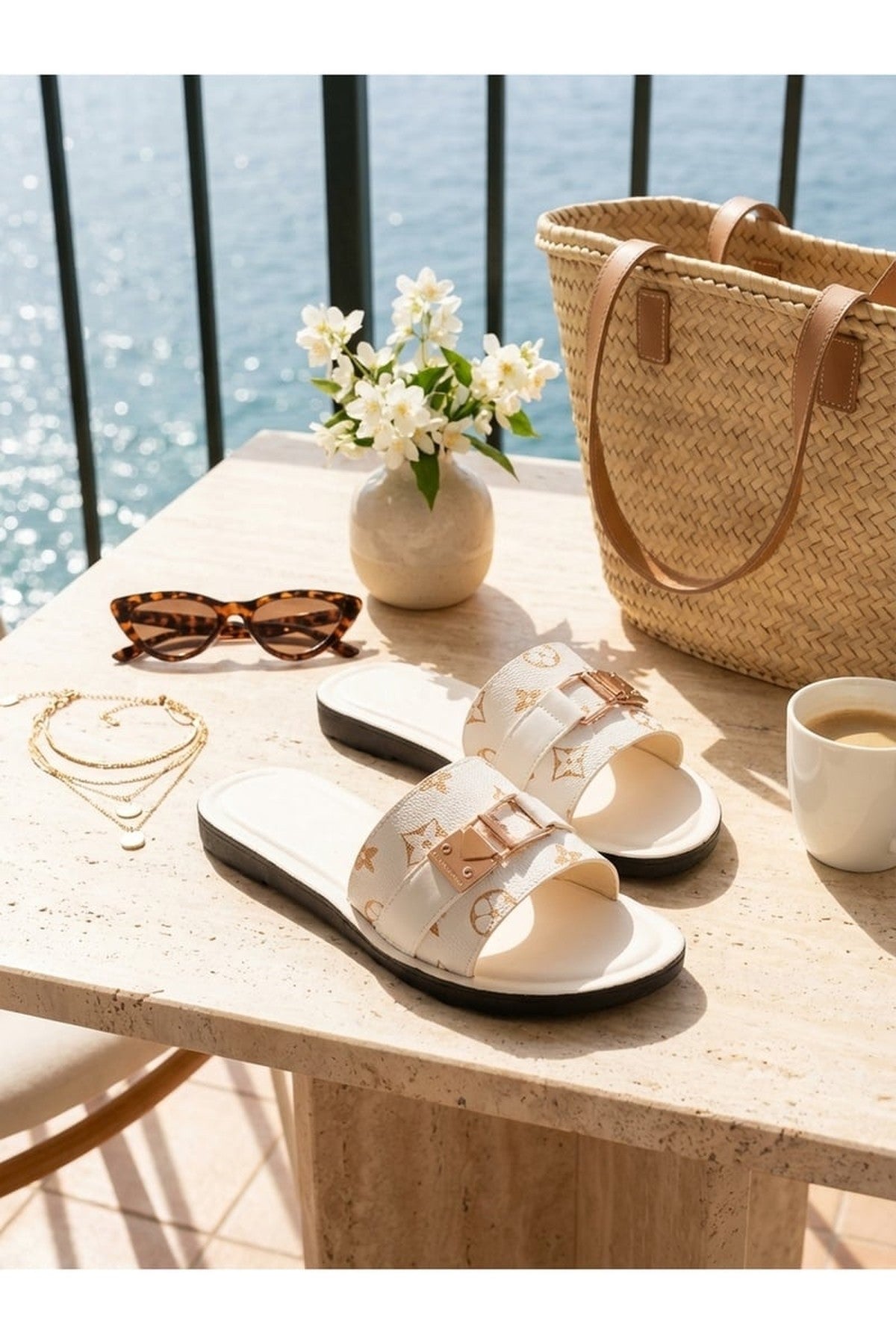Amber Patterned Slider Sandals - White