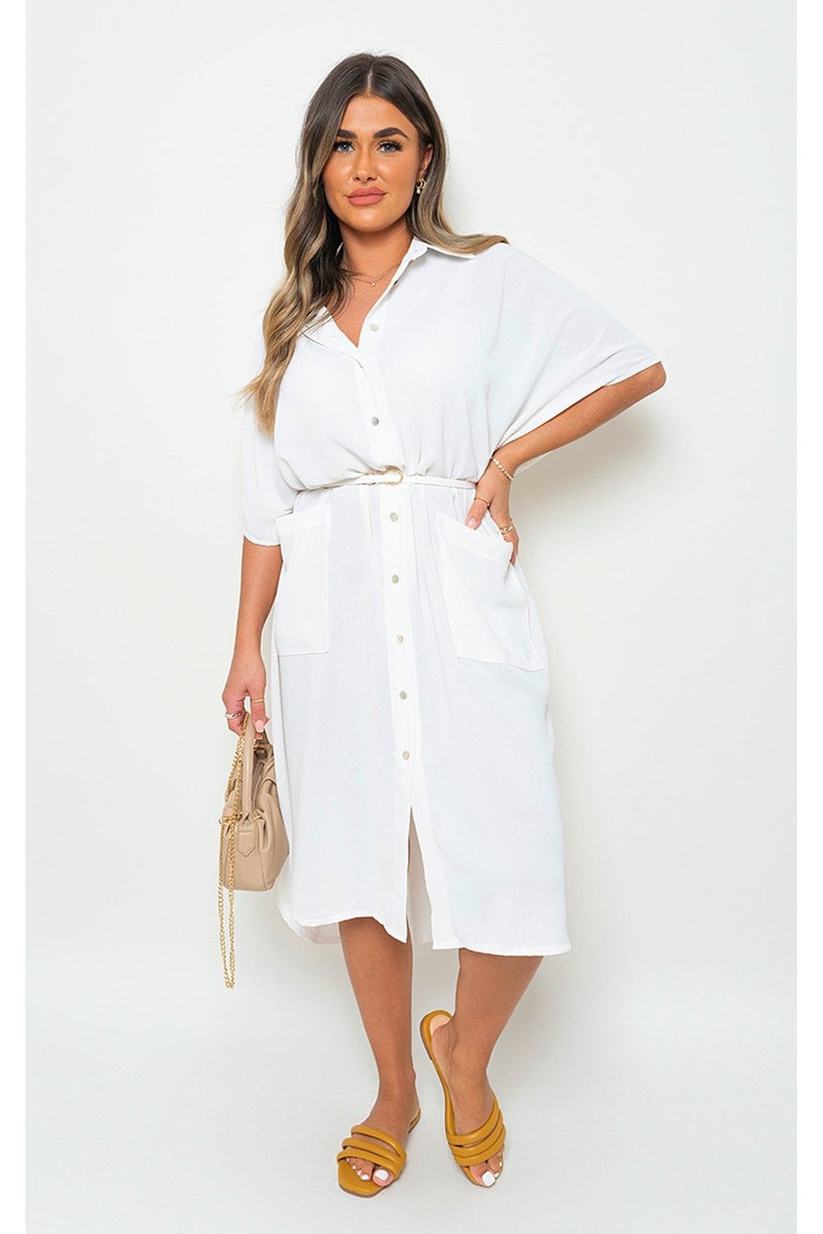 Nancy Button Down Collared Midi Dress With Two Front Pockets - White