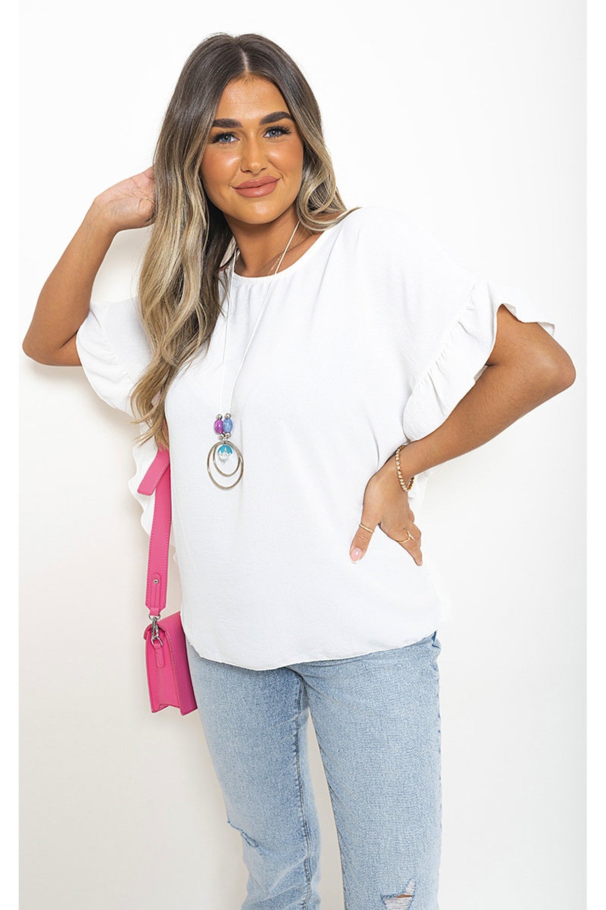 Vienna Frill Sleeve Top With Chain - White