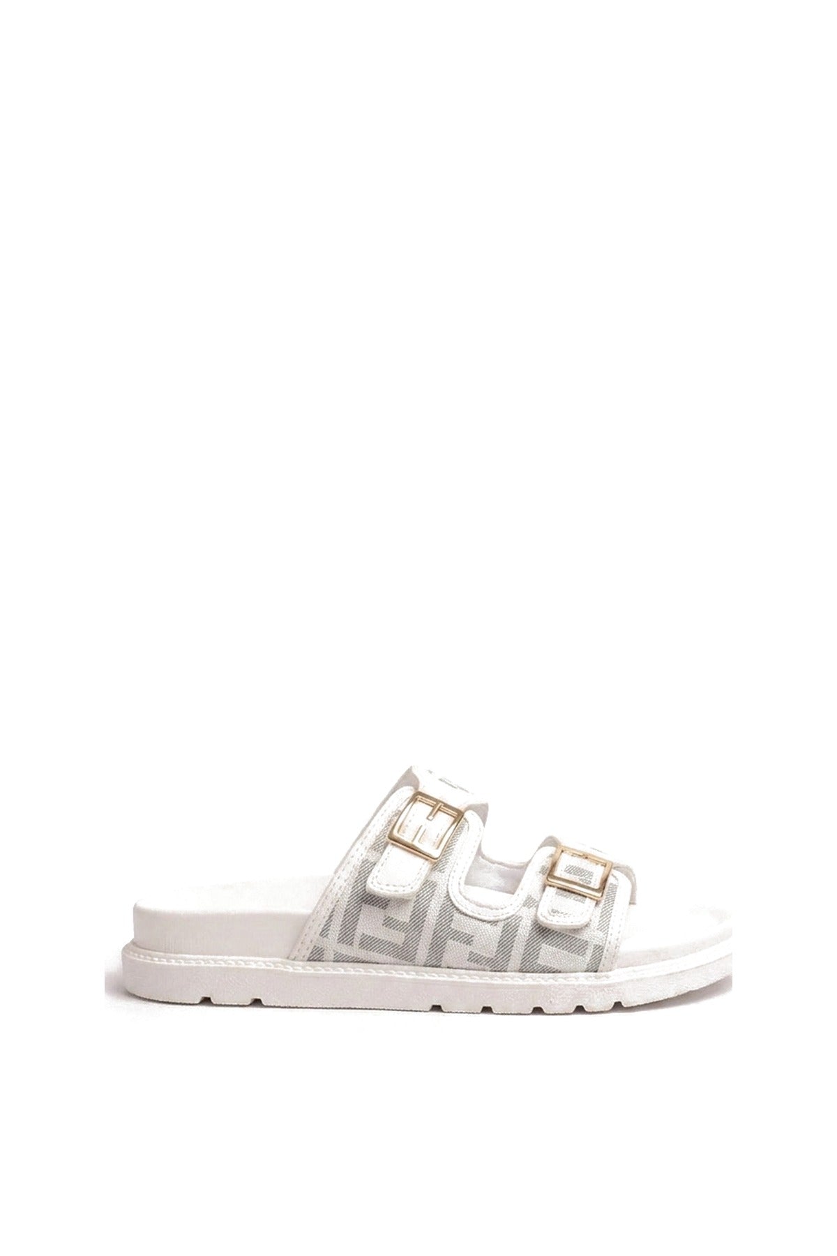 Willow Patterned Buckle Sandals - White
