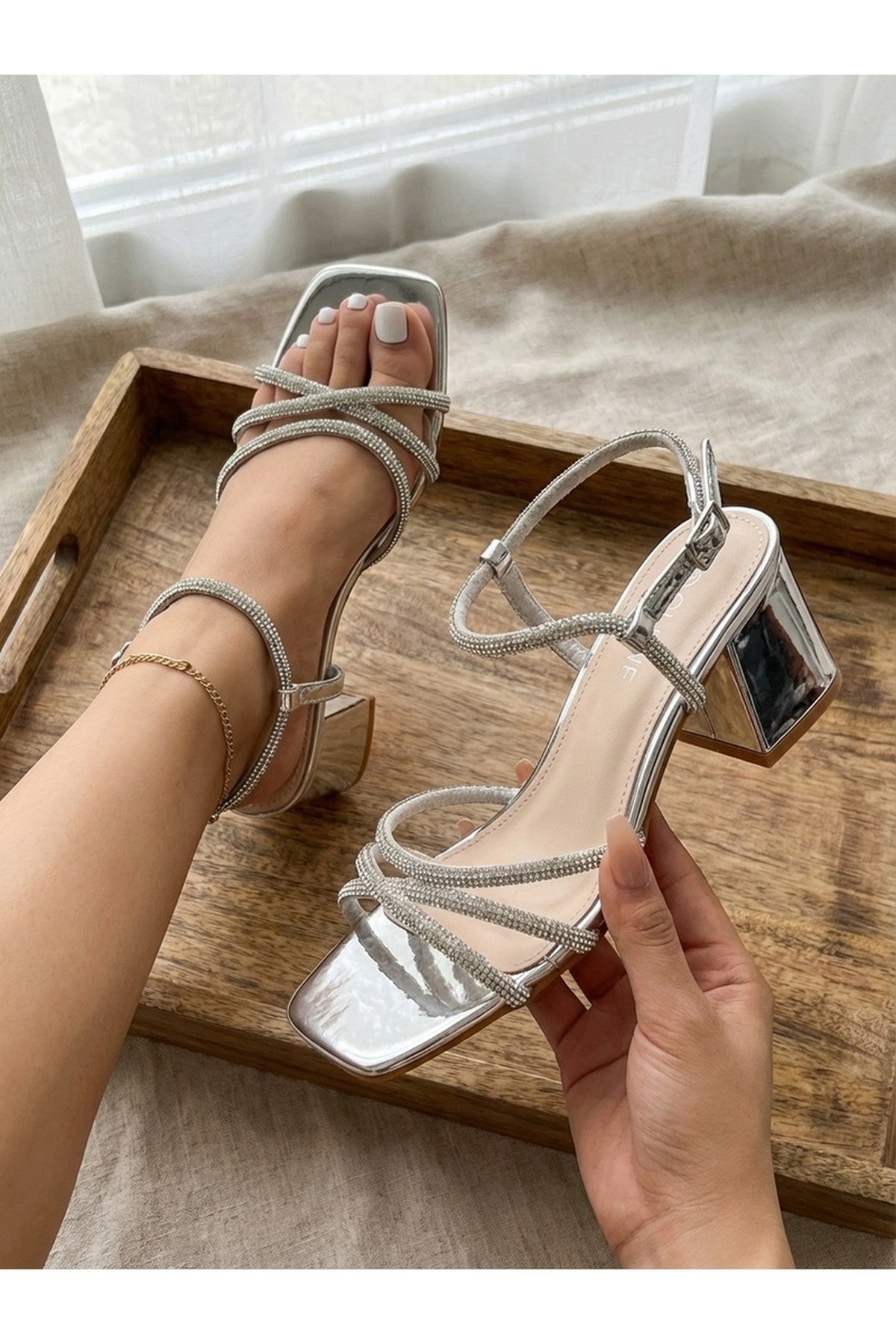 Willow Rhinestone Block Heel Sandals - Silver