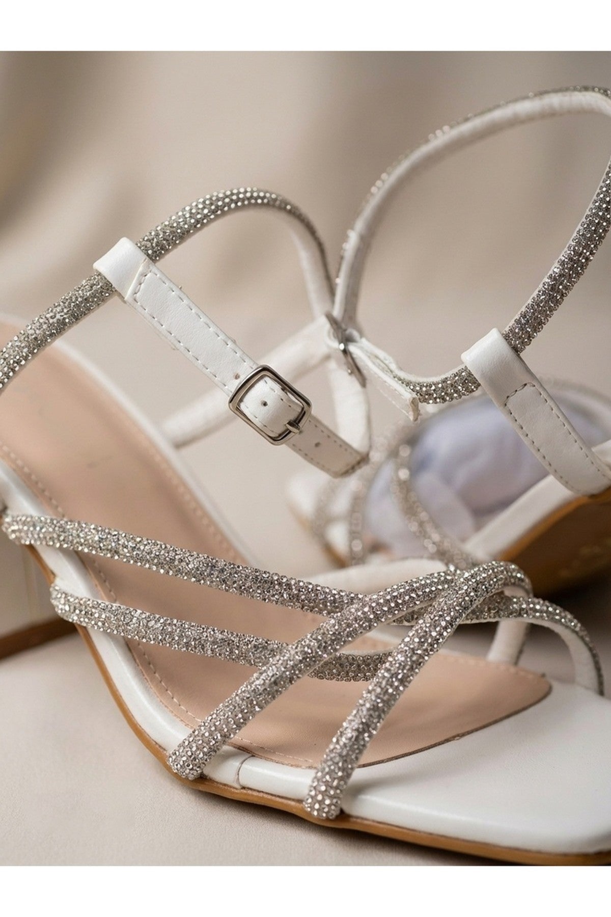 Willow Rhinestone Block Heel Sandals - White