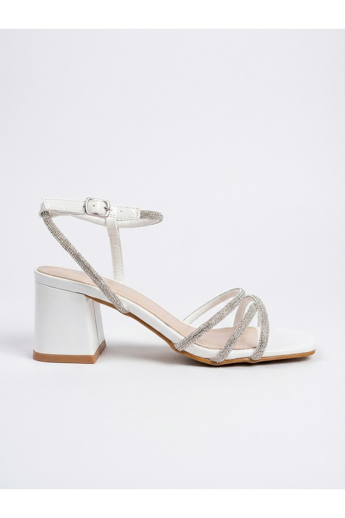 Willow Rhinestone Block Heel Sandals - White