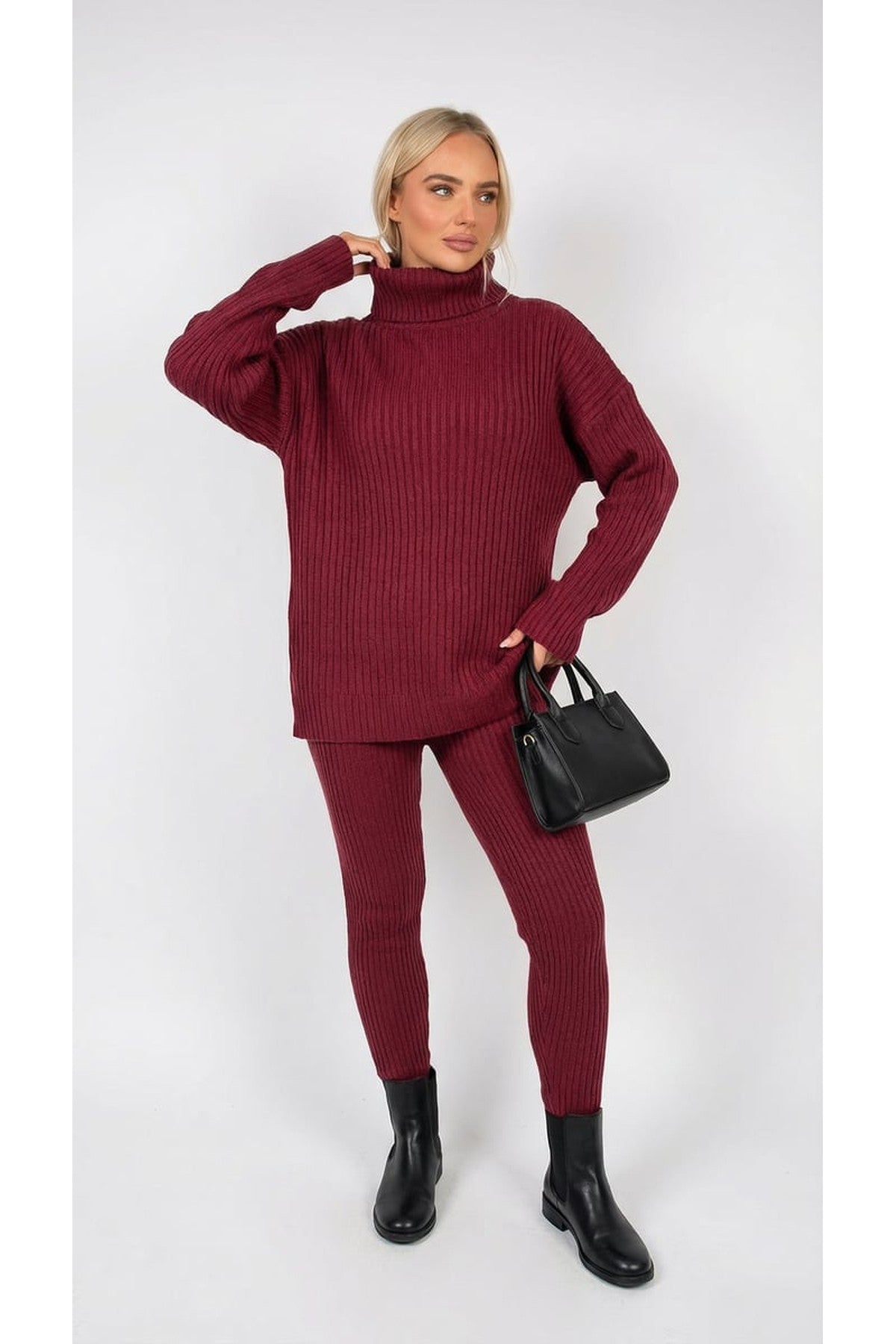 Mila Chunky Knitted High Roll Neck Top Bottom Co-ord Set - Wine