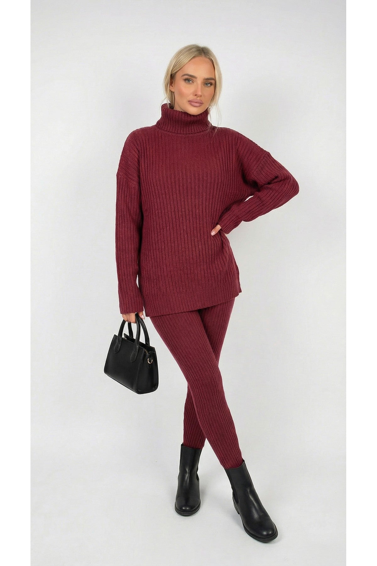 Mila Chunky Knitted High Roll Neck Top Bottom Co-ord Set - Wine
