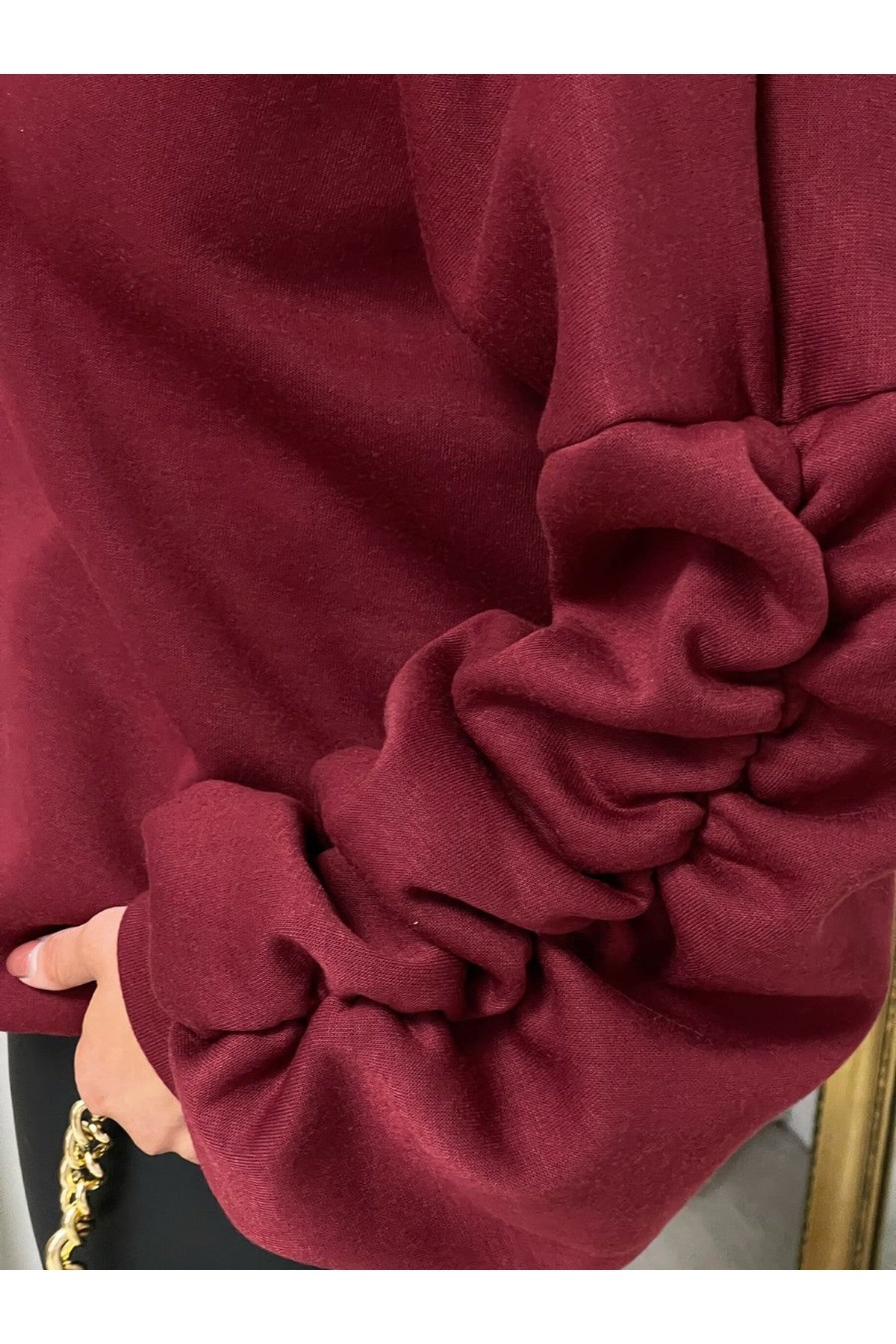 Clarissa Oversized Ruched Sleeves Knitted Hoodie With Ribbon Detail - Wine