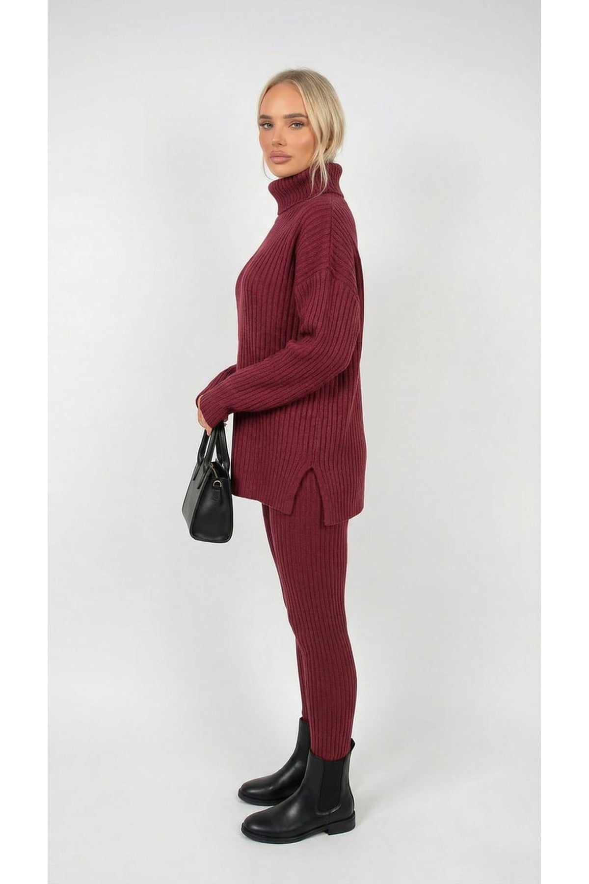 Mila Chunky Knitted High Roll Neck Top Bottom Co-ord Set - Wine