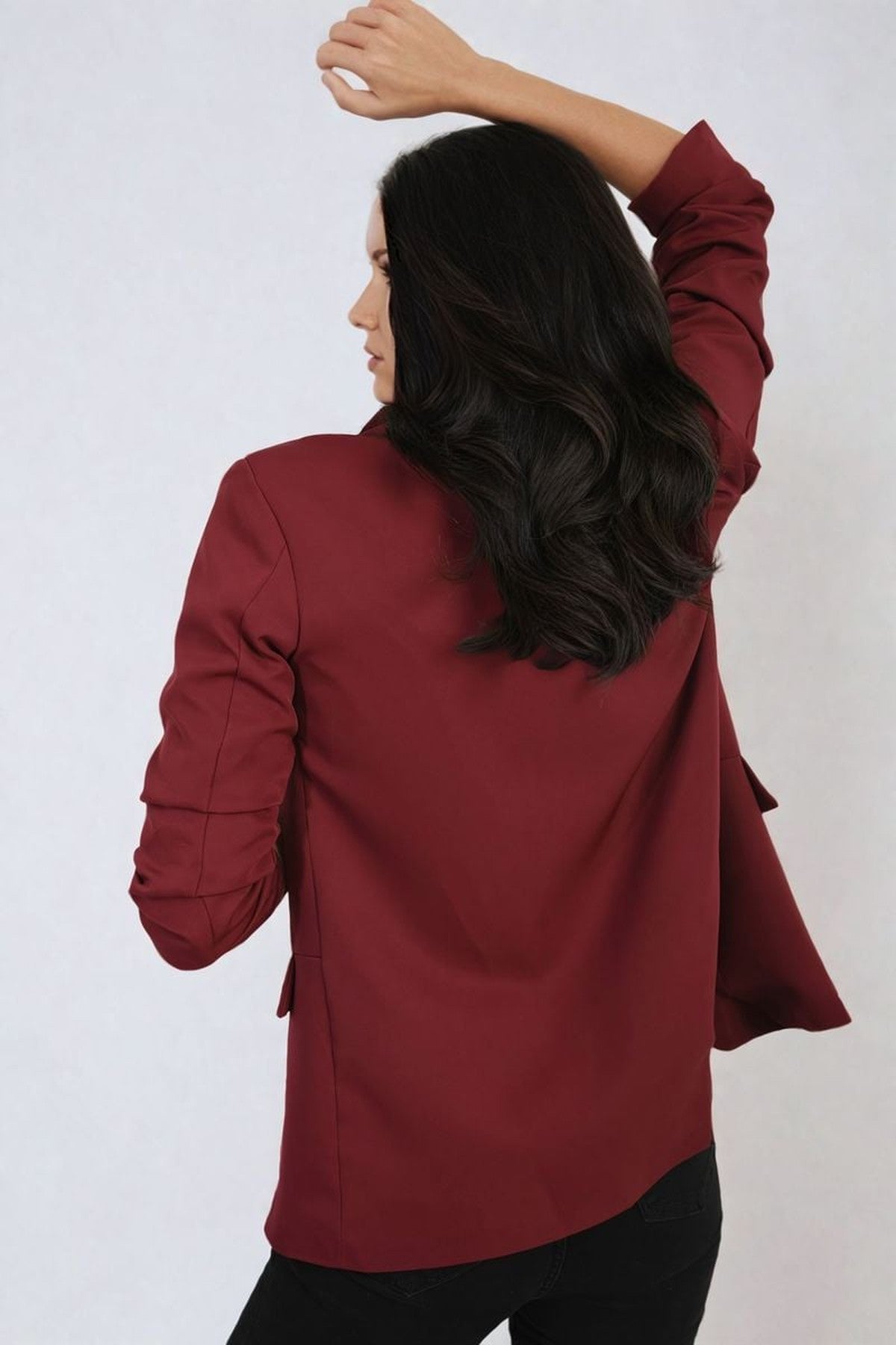 Valerie Ruched Sleeve Open Front Blazer Jacket With Front Pockets - Wine