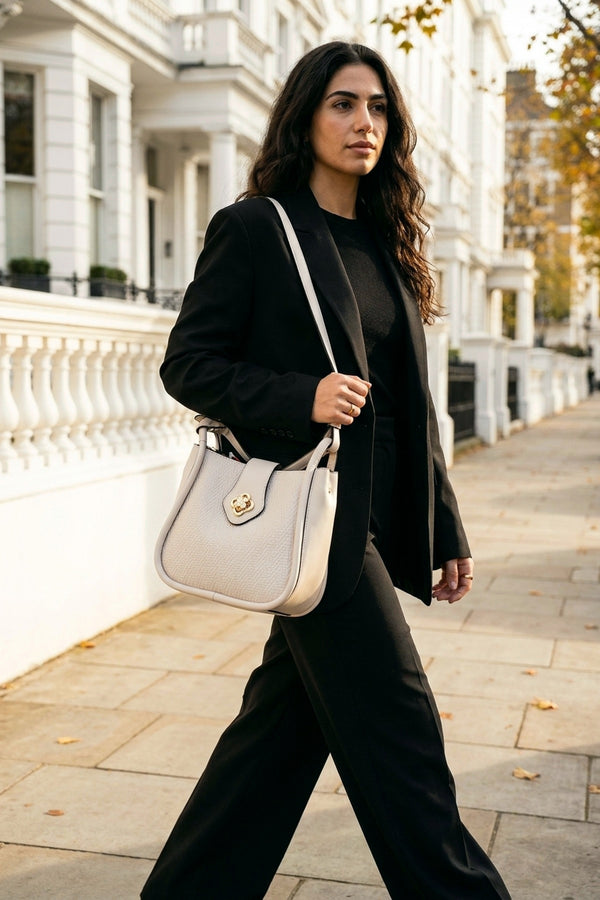 Cordelia Woven Panel Shoulder Bag - Beige