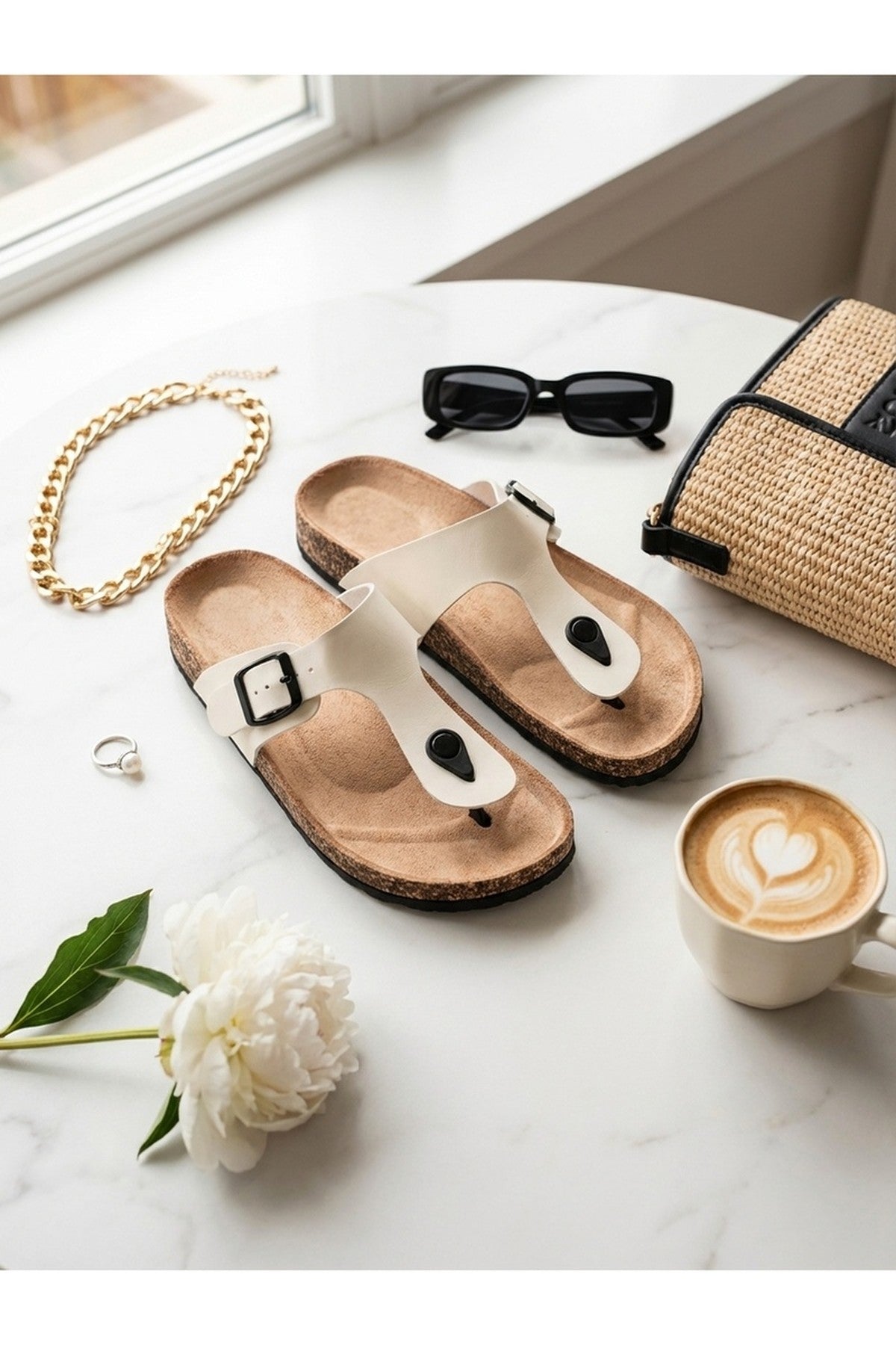 Wren Buckle Cork Toe Post Sandal - White