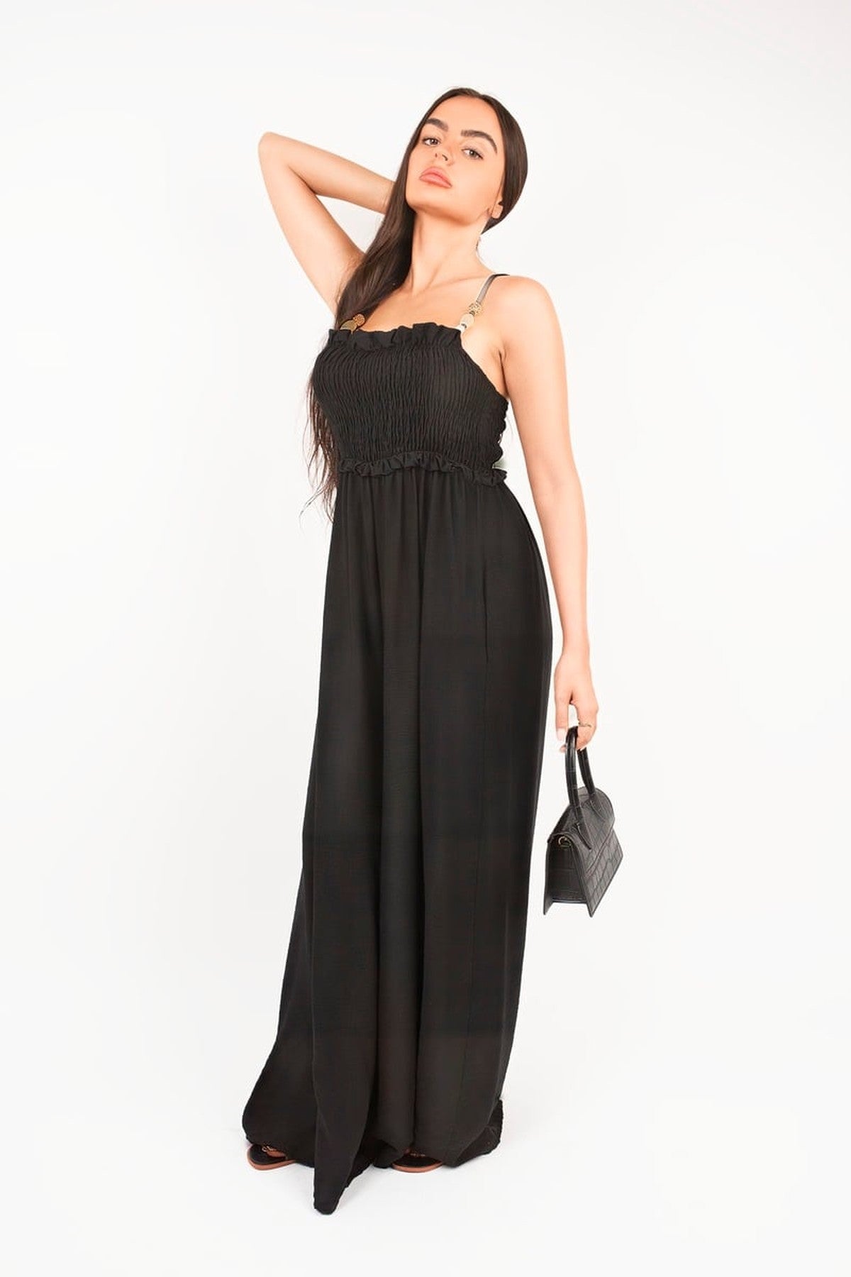 Yasi Shirred Bandeau Wide Leg Jumpsuit - Black