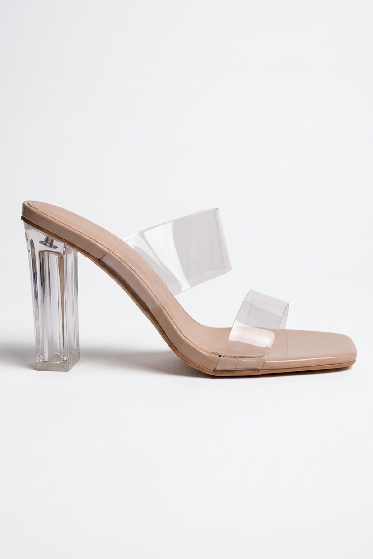Edie Clear Strap High Block Heel Mules - Beige