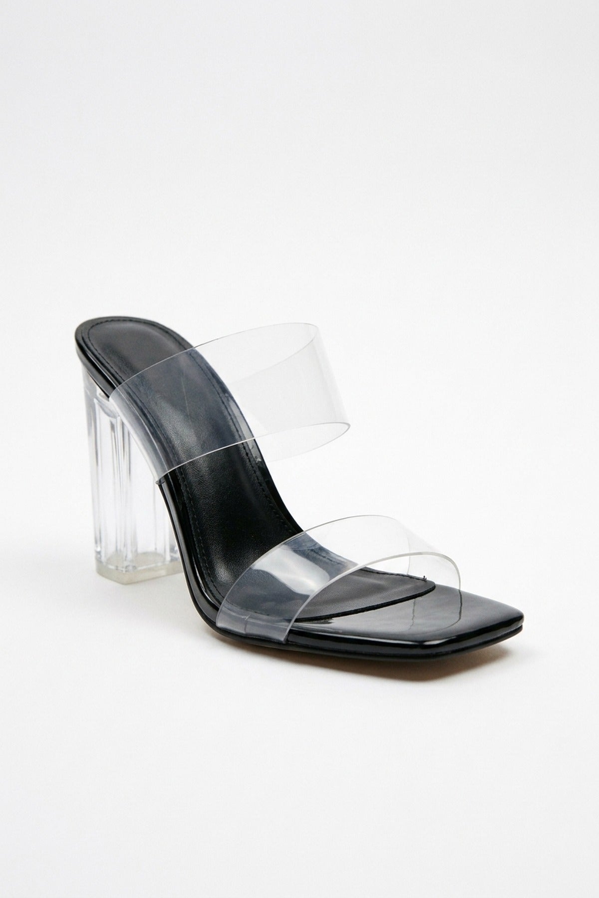 Edie Clear Strap High Block Heel Mules - Black