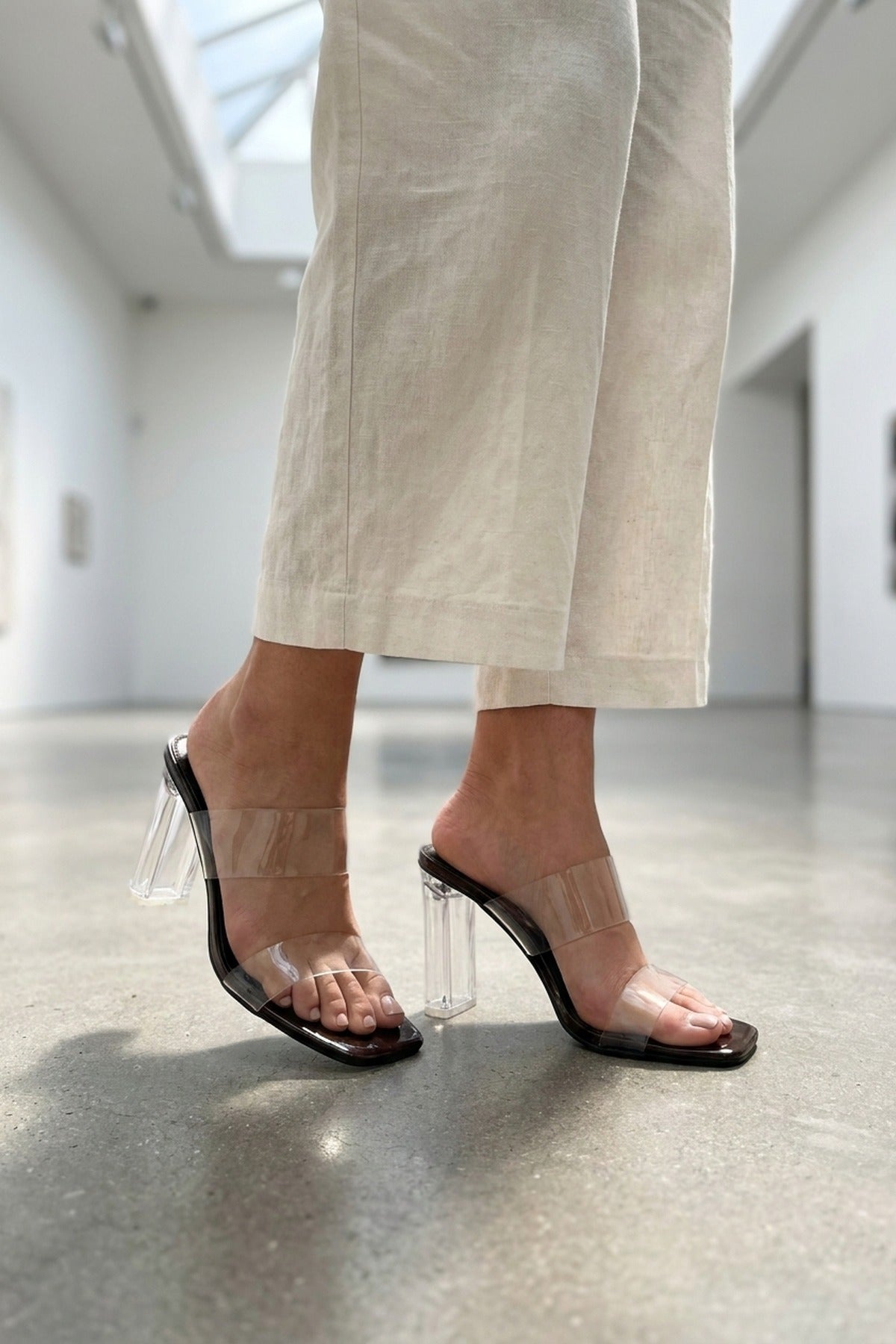 Edie Clear Strap High Block Heel Mules - Brown