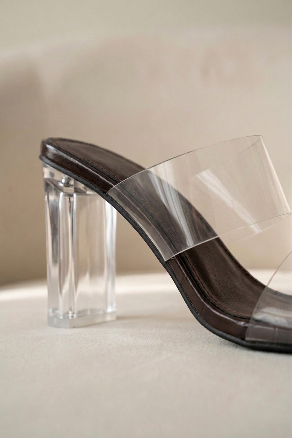 Edie Clear Strap High Block Heel Mules - Brown