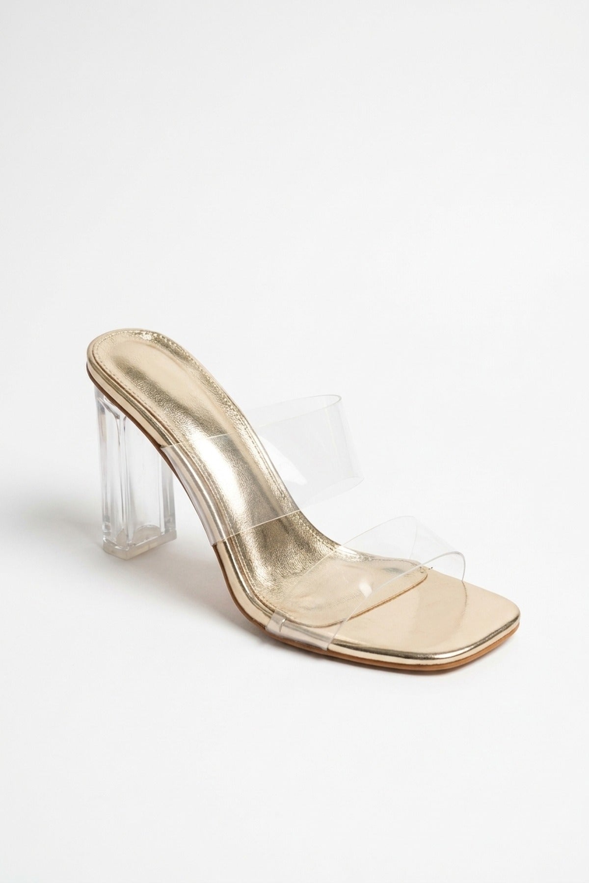Edie Clear Strap High Block Heel Mules - Gold