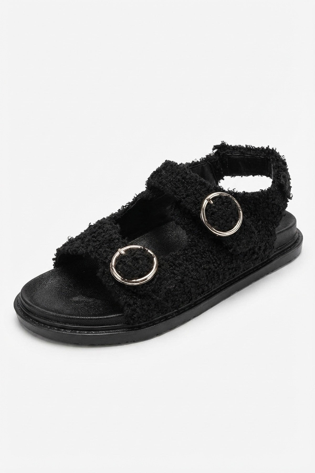 Zahra Faux Fur Double Buckle Sliders - Black