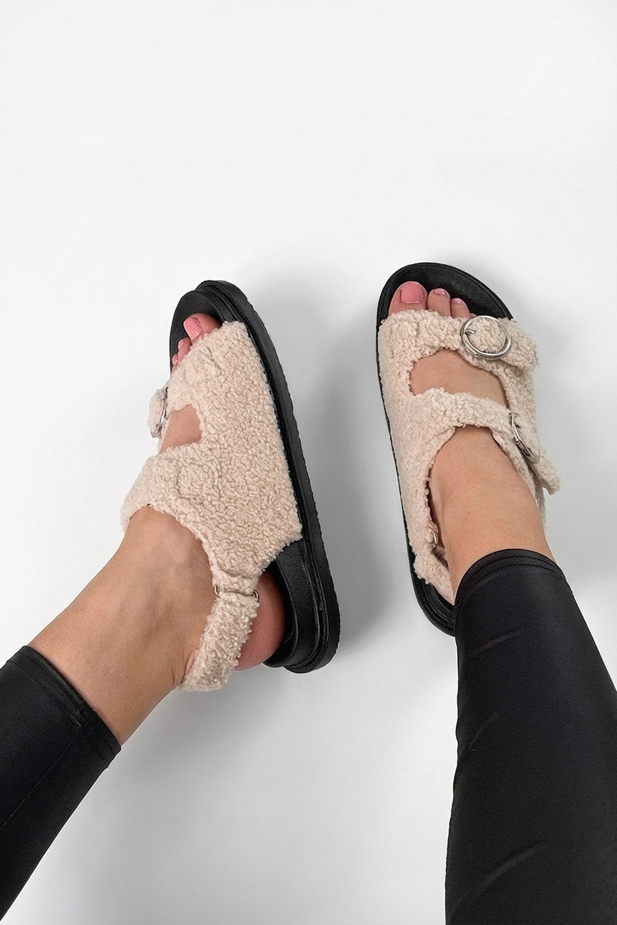 Zahra Faux Fur Double Buckle Sliders - Cream