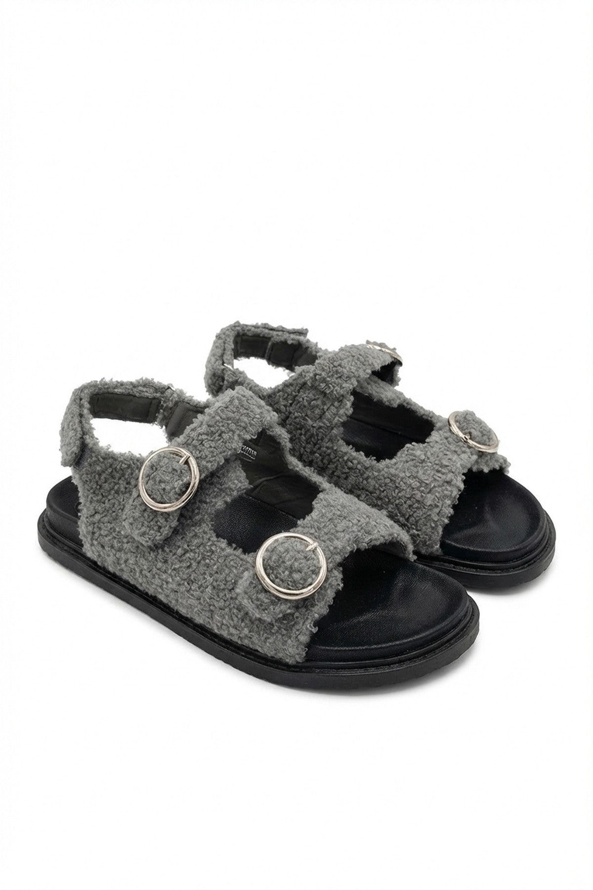 Zahra Faux Fur Double Buckle Sliders - Grey_wb