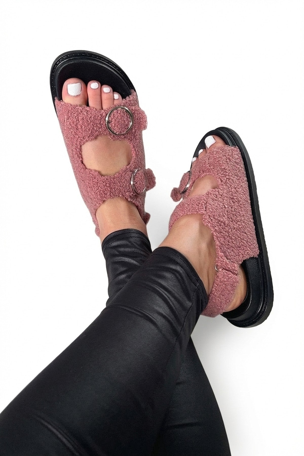 Zahra Faux Fur Double Buckle Sliders - Rose_wb