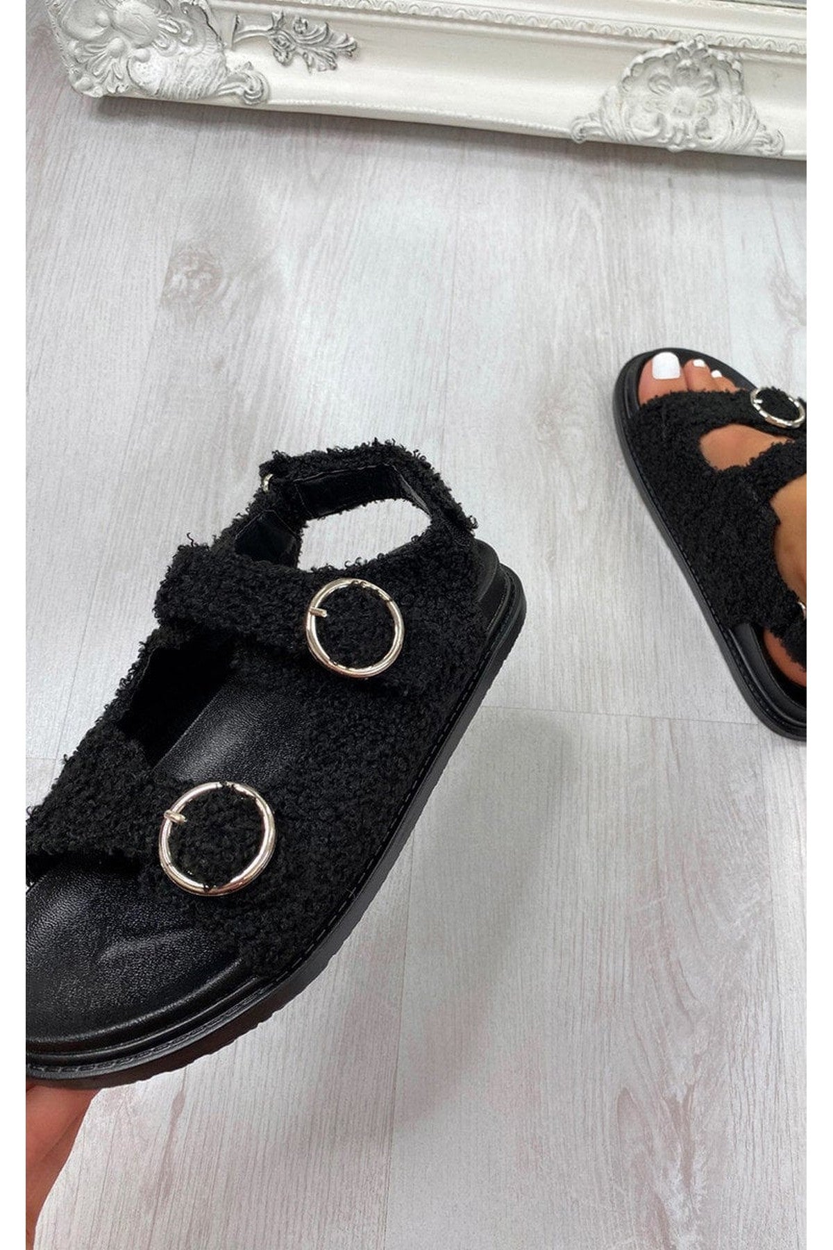 Zahra Faux Fur Double Buckle Sliders - Black