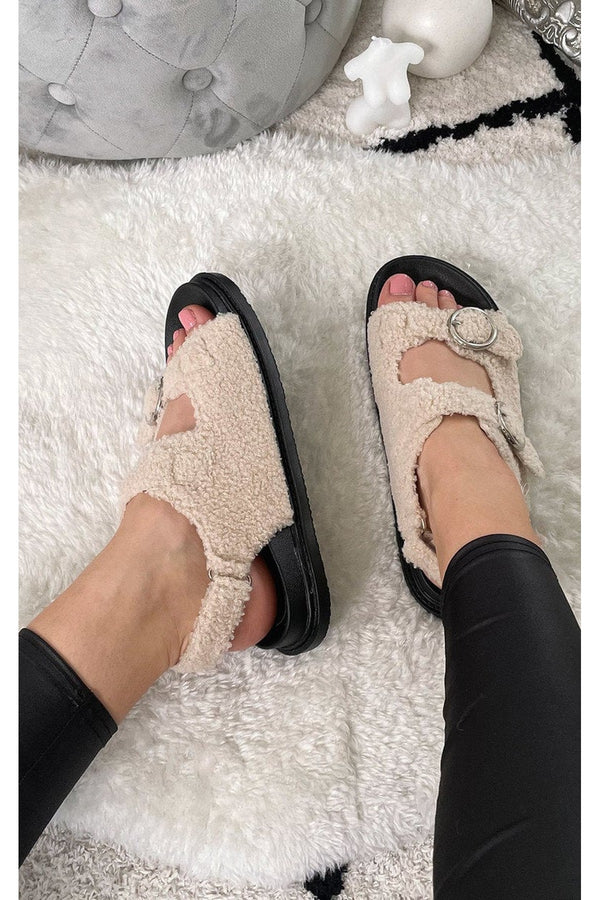 Zahra Faux Fur Double Buckle Sliders - Cream