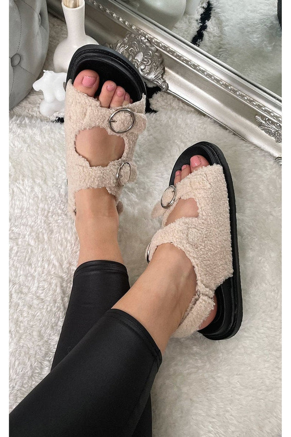 Zahra Faux Fur Double Buckle Sliders - Cream