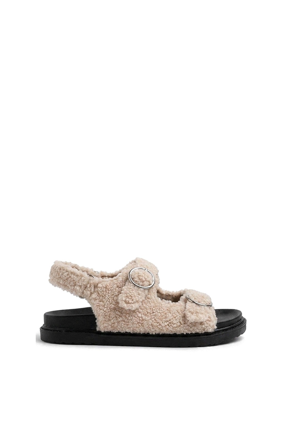 Zahra Faux Fur Double Buckle Sliders - Cream