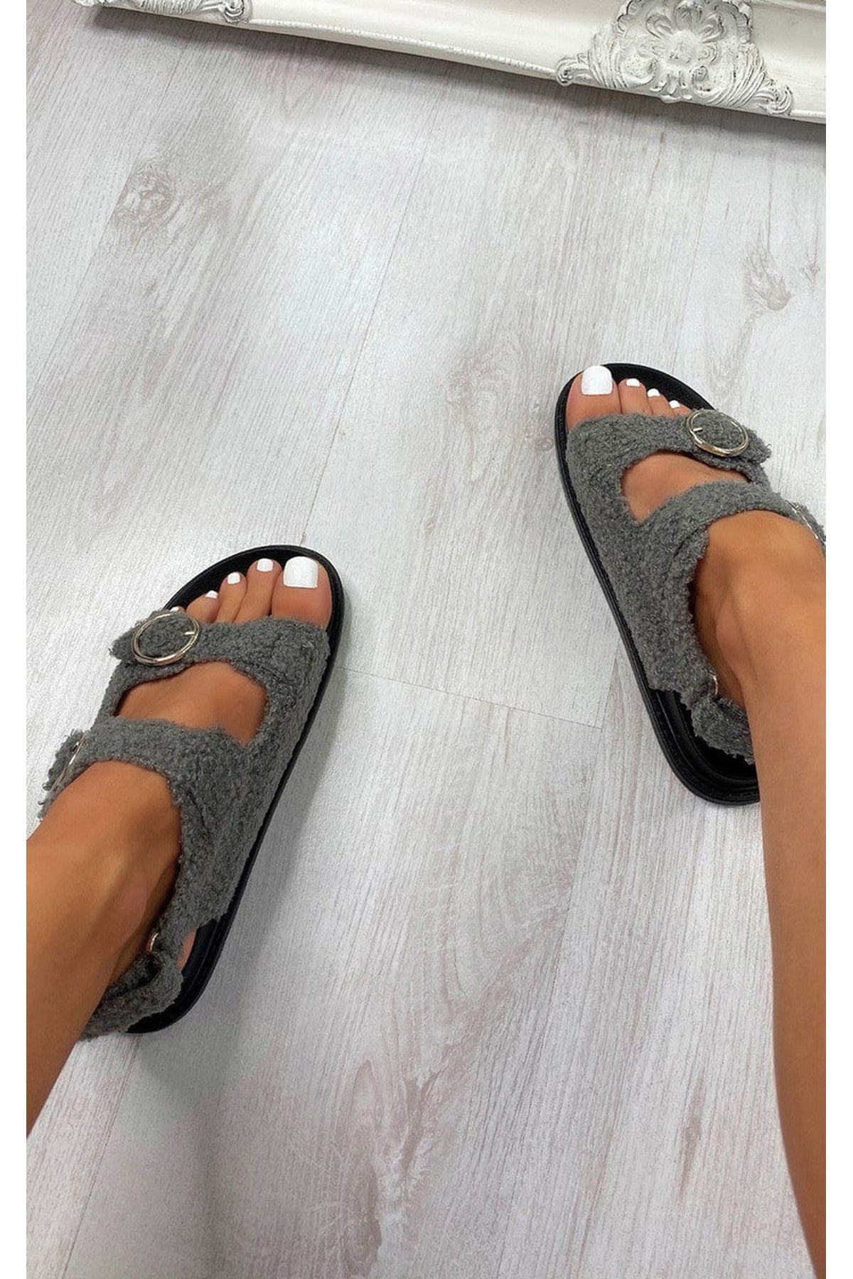Zahra Faux Fur Double Buckle Sliders - Grey