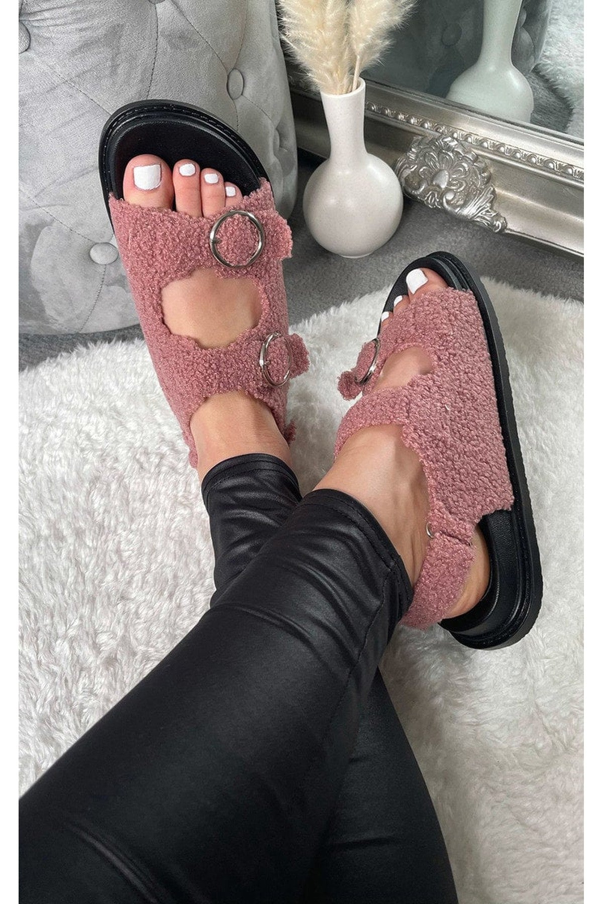 Zahra Faux Fur Double Buckle Sliders - Rose