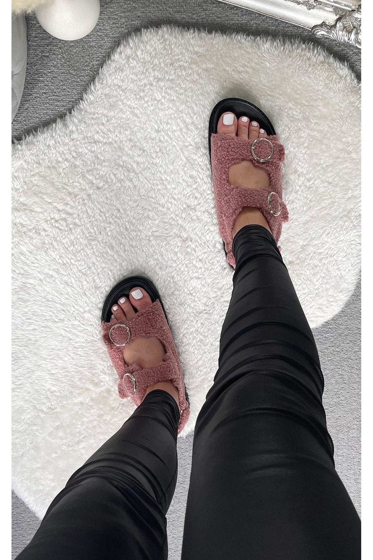 Zahra Faux Fur Double Buckle Sliders - Rose