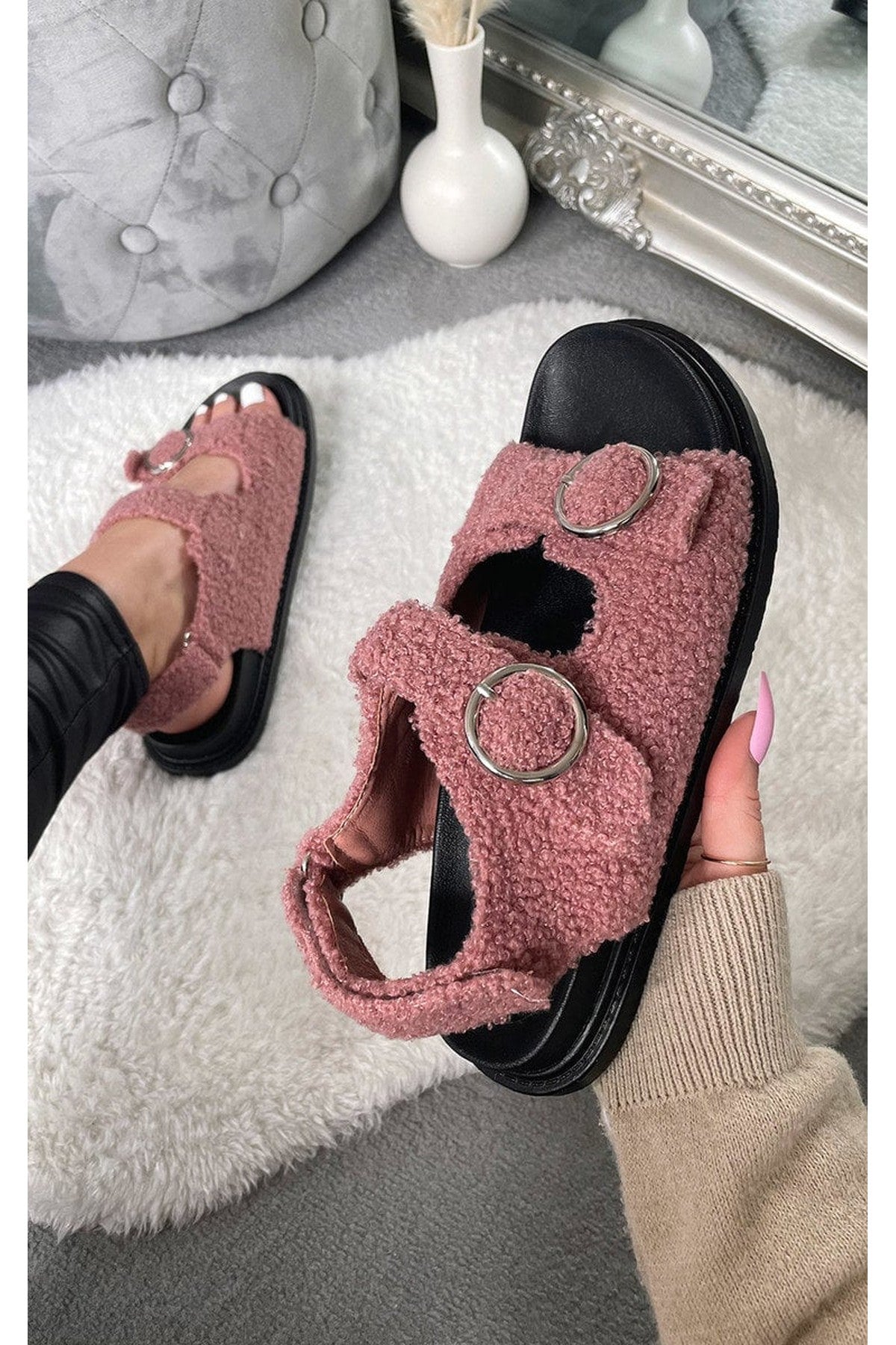 Zahra Faux Fur Double Buckle Sliders - Rose