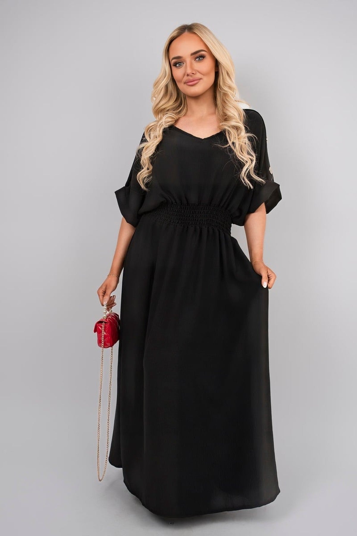 Zamara V Neck Short Sleeve Maxi Dress With Button Detail - Black