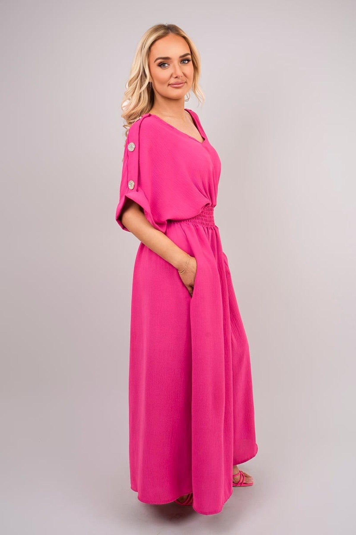 Zamara V Neck Short Sleeve Maxi Dress With Button Detail - Fuschia