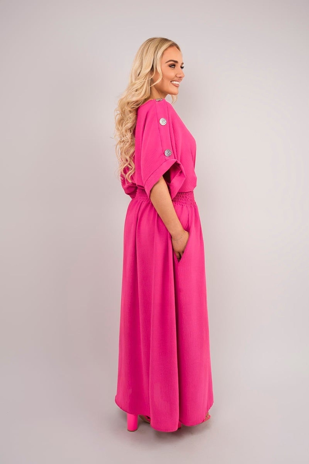 Zamara V Neck Short Sleeve Maxi Dress With Button Detail - Fuschia