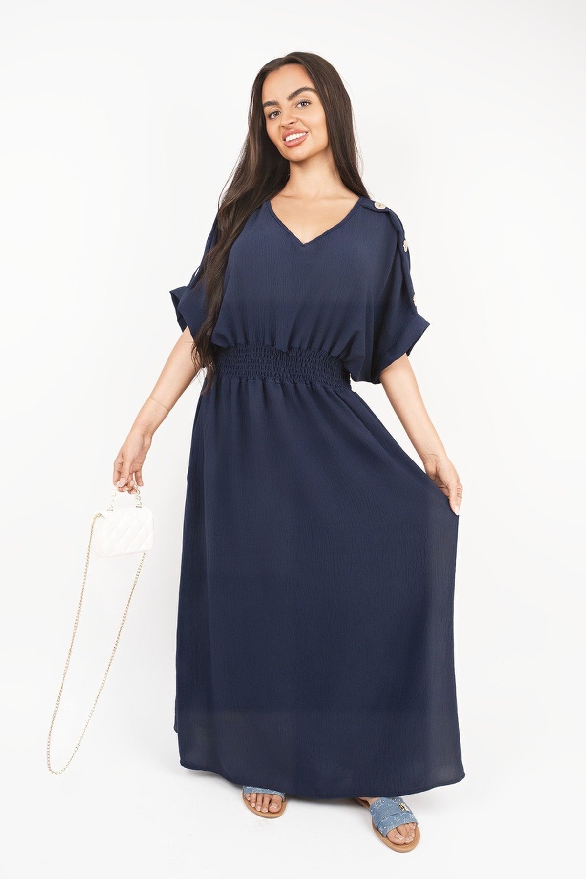 Zamara V Neck Short Sleeve Maxi Dress With Button Detail - Navy