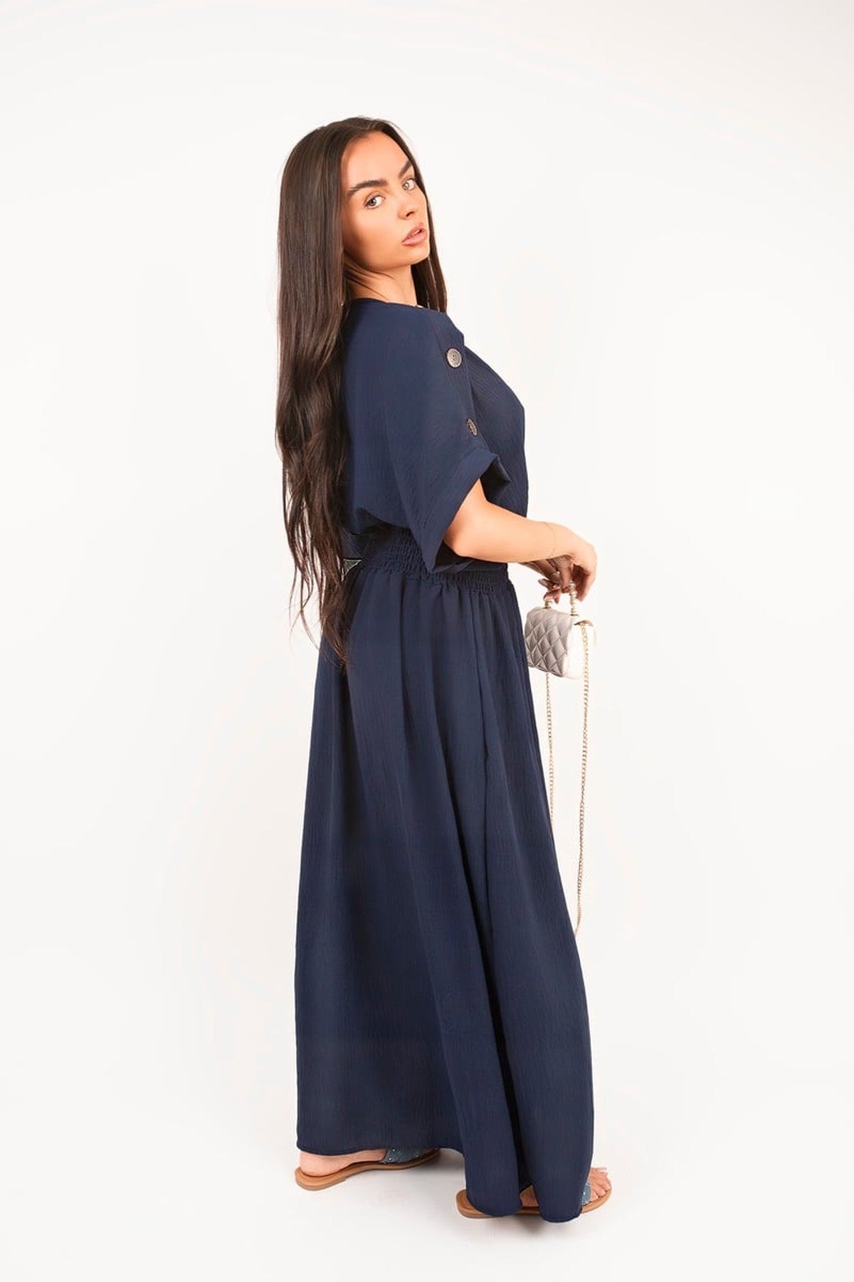 Zamara V Neck Short Sleeve Maxi Dress With Button Detail - Navy